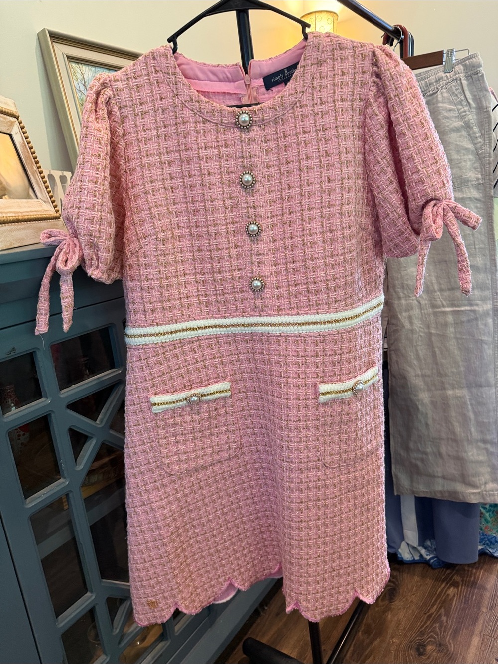 Simply Southern Pink Tweed Midi Dress with Pearl Buttons